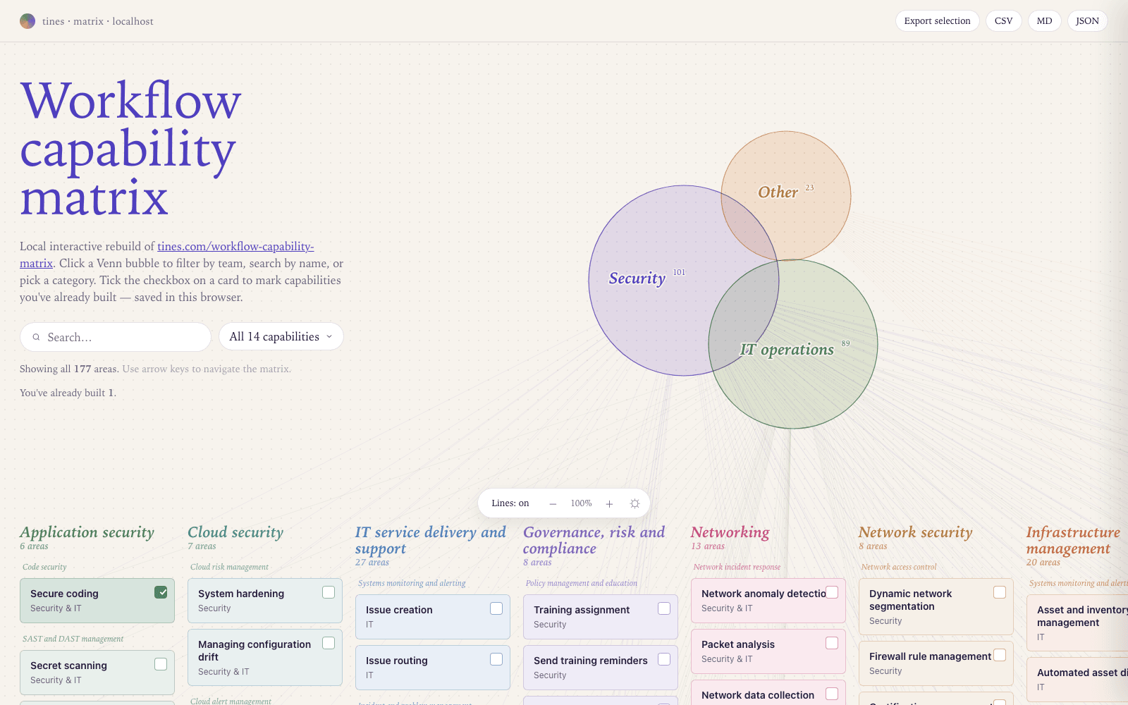 Tines Workflow Capability Matrix screenshot